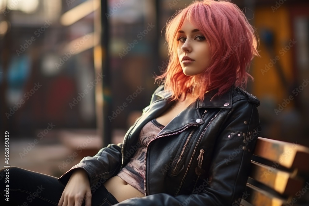 A woman with pink hair sitting on a bench. This picture can be used to depict a modern and trendy woman enjoying a peaceful moment in a park or urban setting. A woman with pink hair sitting on a bench. This picture can be used to depict a modern and trendy woman enjoying a peaceful moment in a park or urban setting.