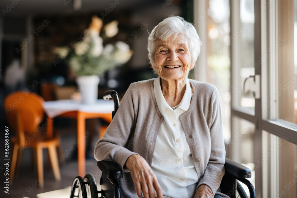 femme âgée aux cheveux blancs assise dans un fauteuil roulant, souriante et heureuse  - obrazy, fototapety, plakaty 