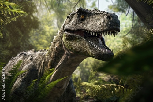 A detailed view of a dinosaur in a natural forest habitat. This image can be used to depict prehistoric creatures, wildlife, or the concept of ancient times. © Fotograf