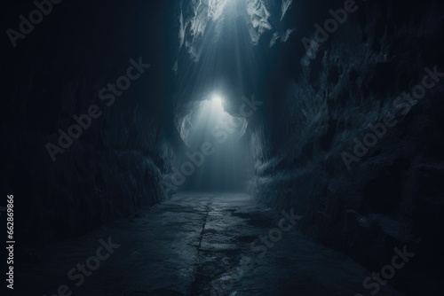 A picture of a dark tunnel with a bright light shining through. This image can be used to represent hope, new beginnings, or overcoming obstacles.