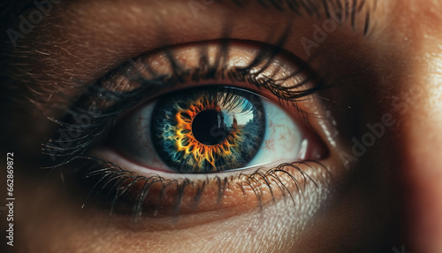 Close up of a Caucasian woman blue iris staring at camera generated by AI