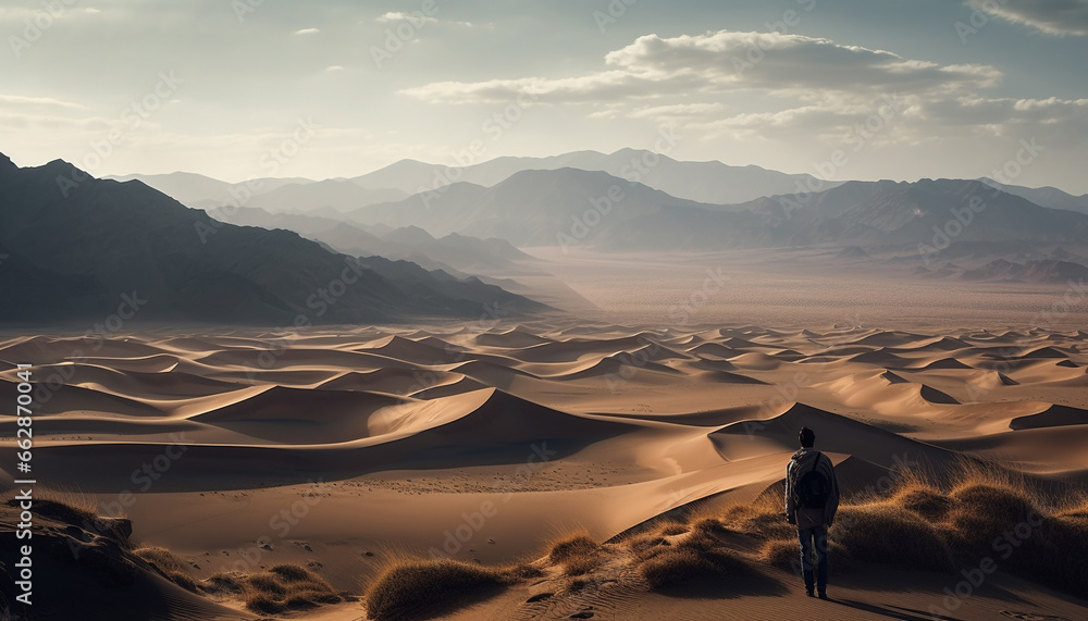 One person walking in remote arid landscape at sunset generated by AI
