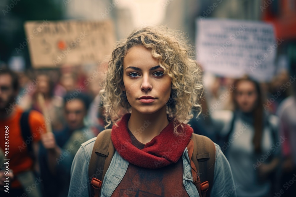 A woman standing amidst a crowd of people, holding signs. This image can be used to represent protests, demonstrations, activism, social issues, or public gatherings.