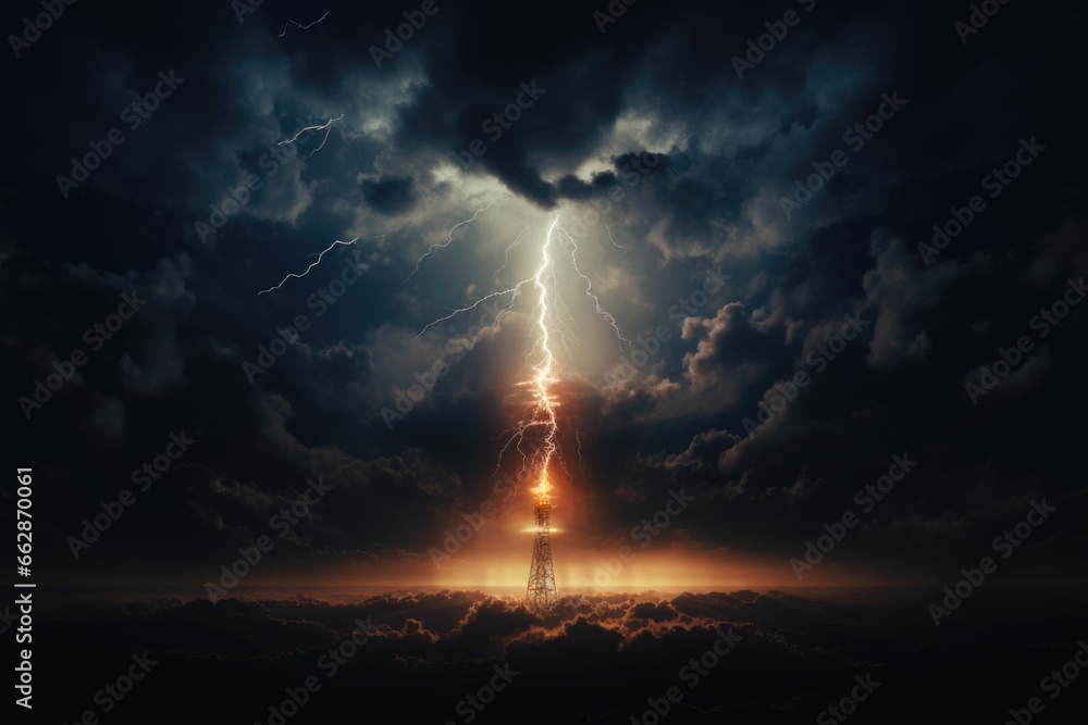A powerful lightning bolt striking through a dark sky. Perfect for illustrating the intensity of a storm or representing power and energy. Suitable for various projects and designs. - obrazy, fototapety, plakaty 