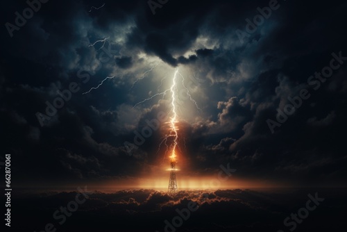 A powerful lightning bolt striking through a dark sky. Perfect for illustrating the intensity of a storm or representing power and energy. Suitable for various projects and designs. photo