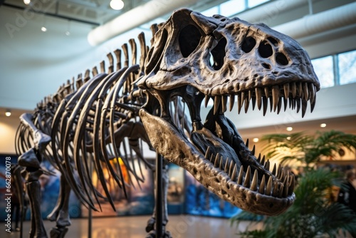 A detailed view of a dinosaur skeleton on display in a museum. This image can be used to illustrate paleontology, natural history, or educational concepts.