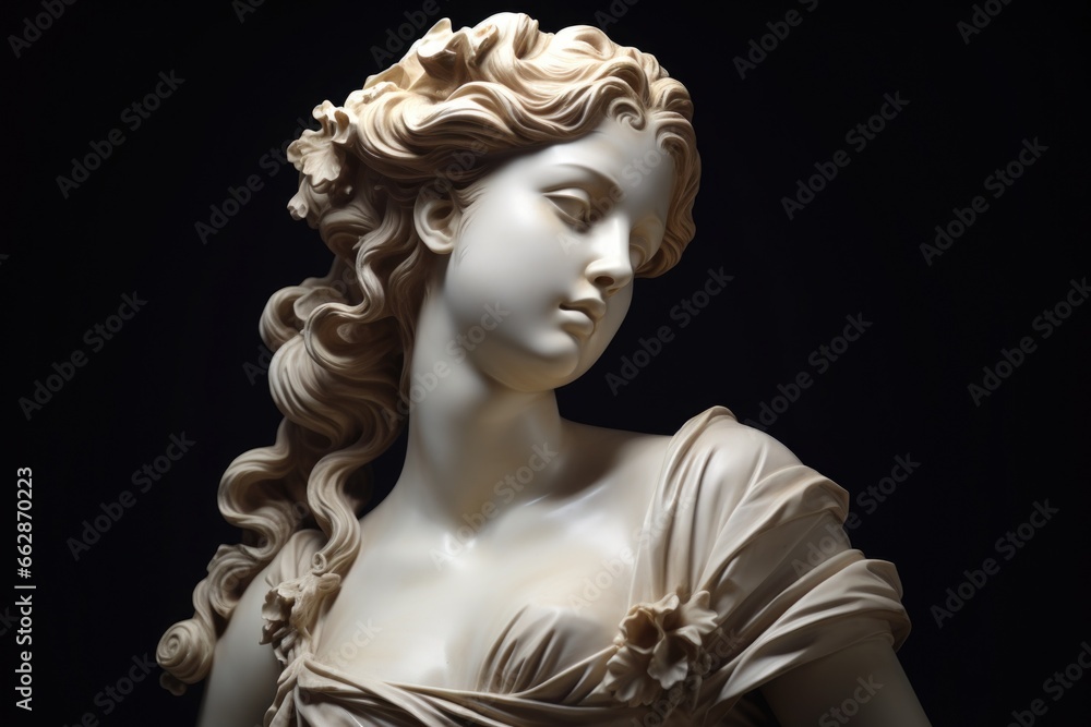 A statue of a woman with a flower in her hair. Suitable for various decorative purposes.