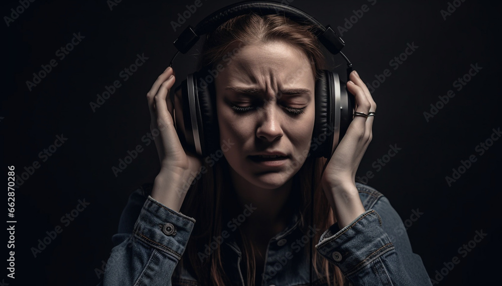Young adult woman enjoying music with headphones in studio portrait generated by AI Young adult woman enjoying music with headphones in studio portrait generated by AI