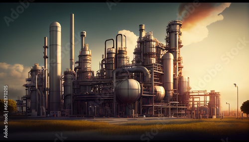 Petrochemical production, plant. Pipelines, fuel tanks and gas distillation systems. AI generated. photo