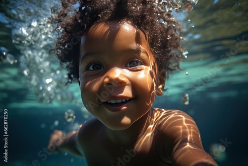  joyful preschool-aged African American boy, happily swimming underwater © Anna