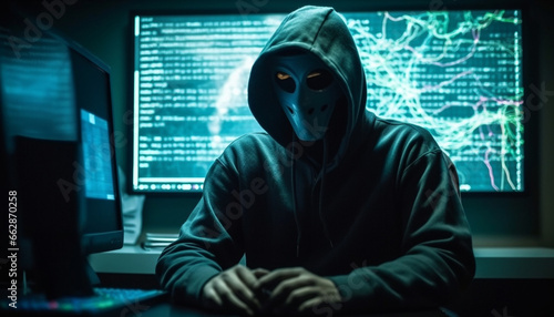 Hooded burglar using computer to commit identity theft at night generated by AI photo