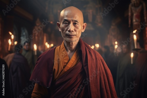 A monk standing in front of a group of people. This image can be used to represent spiritual leadership, guidance, or a religious gathering.