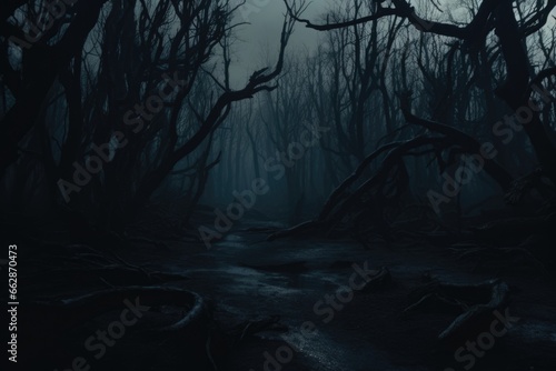 A captivating image of a dark forest with an abundance of trees. Perfect for creating a mysterious and enchanting atmosphere. Ideal for use in fantasy, adventure, or nature-themed projects © Fotograf