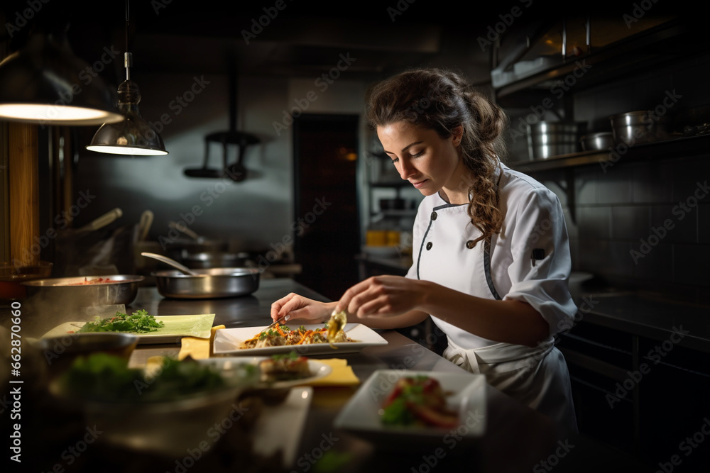 A woman cook serves a dish in the kitchen of a restaurant.