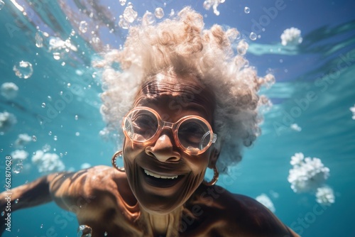 An elderly African American woman, submerged underwater,