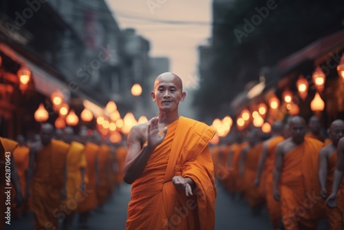 A man dressed in an orange robe is seen walking down a street. This image can be used to depict spirituality, meditation, or religious practices