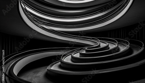 Abstract twisted vortex, a modern geometric shape illusion in monochrome generated by AI