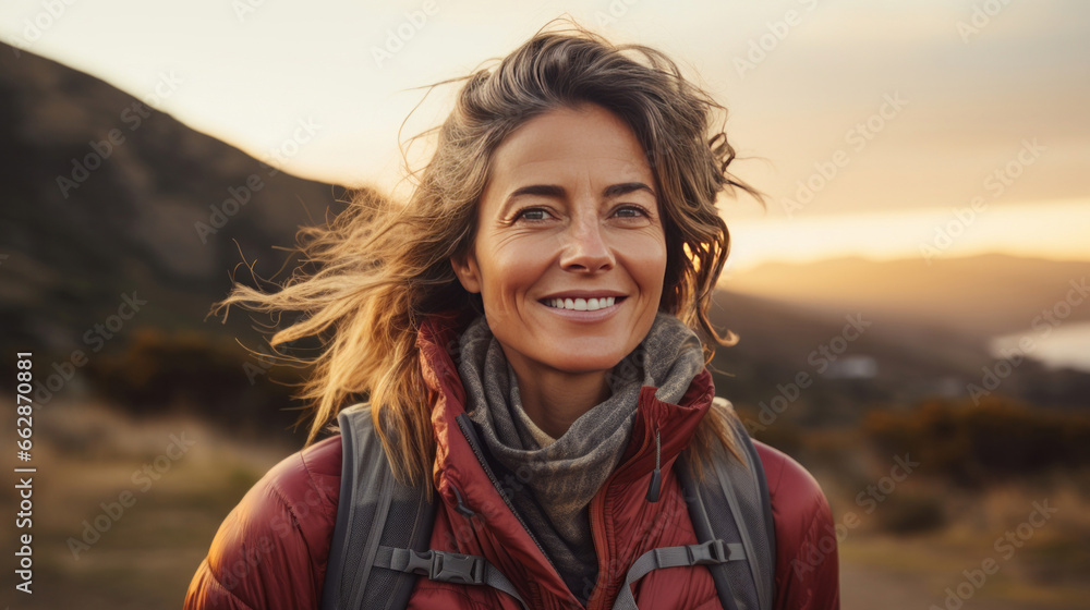 Close-up portrait of woman smiling at camera during hike. Sunset or sunrise. Close-up portrait of woman smiling at camera during hike. Sunset or sunrise.