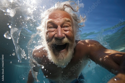 silver-haired man with a snowy beard, submerged underwater © Anna