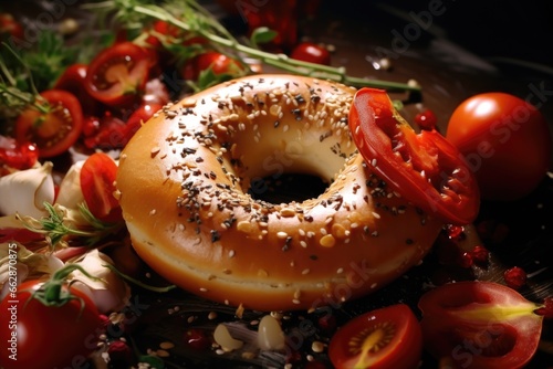 A delicious bagel topped with sesame seeds and fresh tomatoes, perfect for a breakfast or brunch. Can be used in food blogs, restaurant menus, or cooking websites