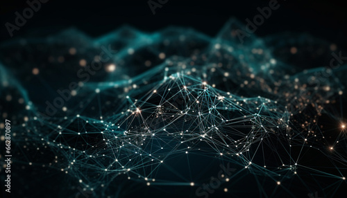 Glowing geometric shapes connect in a futuristic computer network backdrop generated by AI © Stockgiu