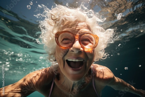  elderly, silver-haired woman, blissfully submerged in a pool, radiating happiness