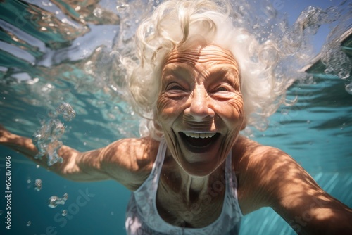  elderly, silver-haired woman, blissfully submerged in a pool, radiating happiness