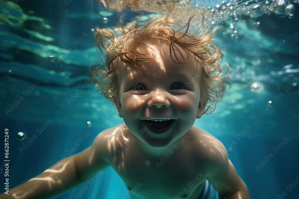 young child swimming underwater in a pool, surrounded by playful air bubbles