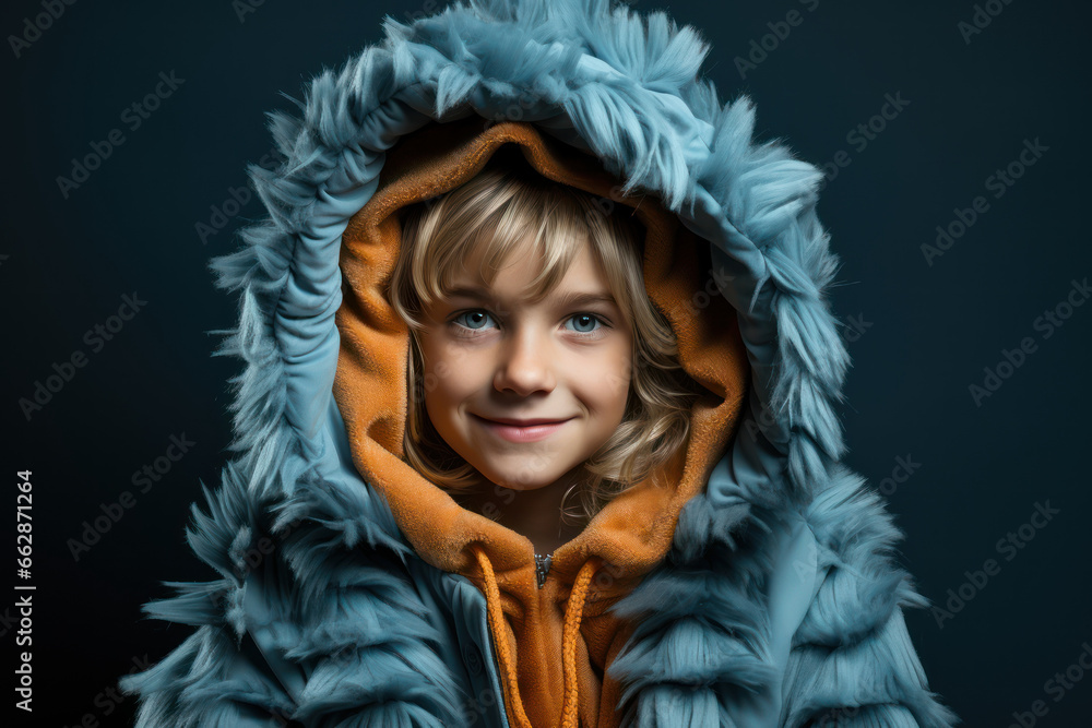Cute Young Boy Dressed as a Tiger for Halloween on an Blue Banner with Space for Copy. Generative Ai. Cute Young Boy Dressed as a Tiger for Halloween on an Blue Banner with Space for Copy. Generative Ai.