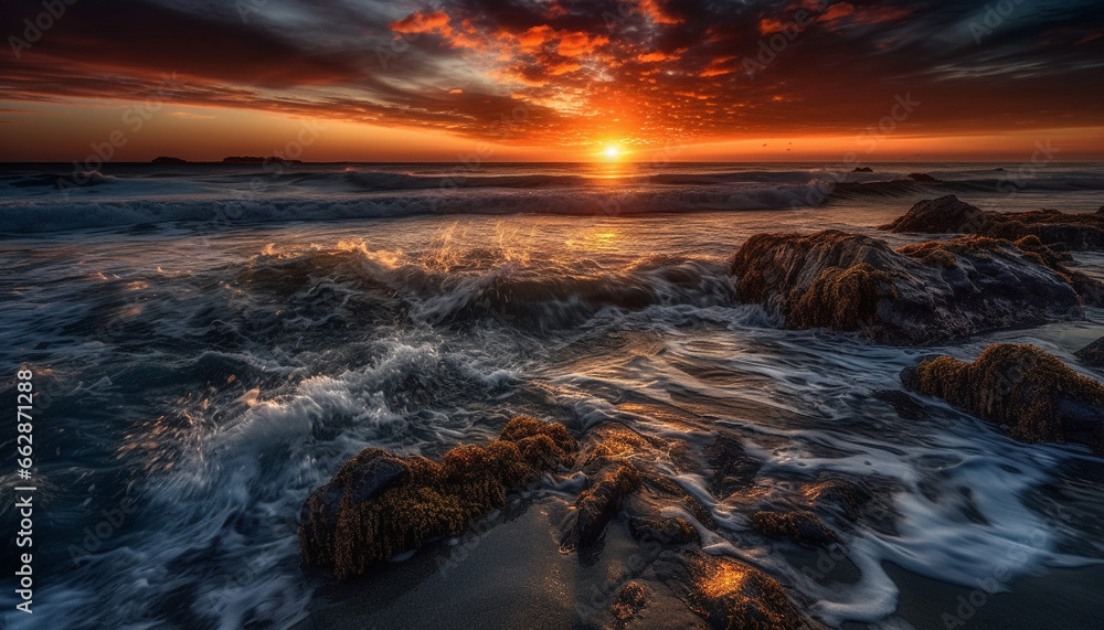 Obraz premium Tranquil seascape sunset over rocky coastline, beauty in nature reflection generated by AI