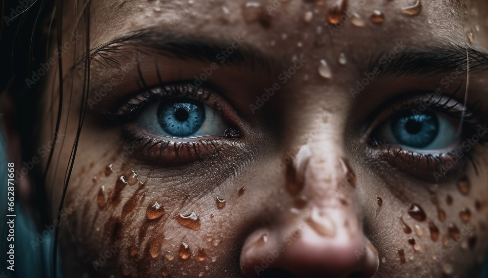 Smiling young woman enjoys fresh raindrop on her beautiful face generated by AI Smiling young woman enjoys fresh raindrop on her beautiful face generated by AI