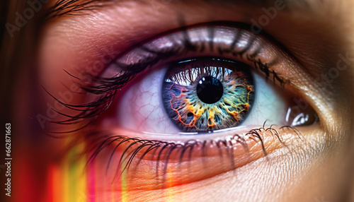 Caucasian woman vibrant blue iris staring at camera in close up generated by AI