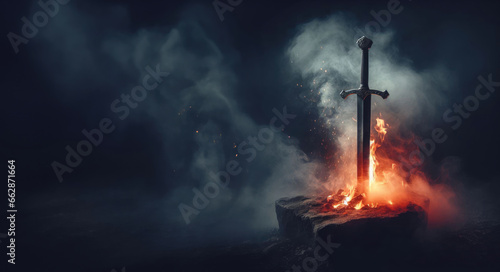 A flaming sword stuck in a stone. Flames and smoke. Fantasy medieval blade. The Sword of the Spirit's Call.