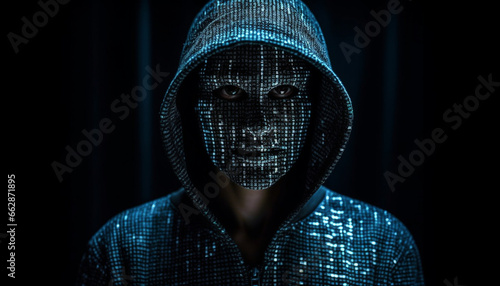Dark hooded thief stares at camera in futuristic surveillance concept generated by AI