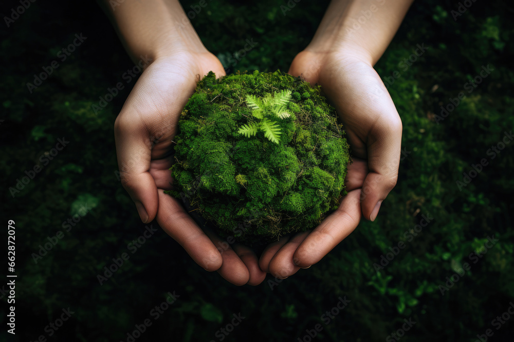 Green moss earth on human hands, nature and environment Generative Ai - obrazy, fototapety, plakaty 