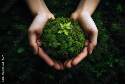 Green moss earth on human hands, nature and environment Generative Ai