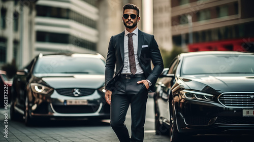 Closeup photo of a professional driver beside a luxury car photo