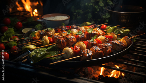 Grilled meat skewers on a hot barbecue  a delicious feast generated by AI