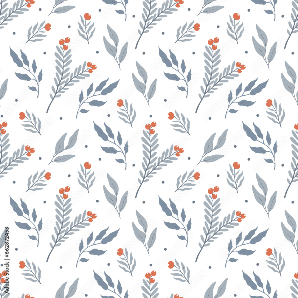 Winter floral pattern with leaves and berries on white background Winter floral pattern with leaves and berries on white background