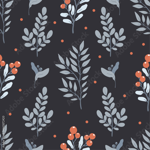 Winter seamless pattern design with red berries and grey leaves on dark background.