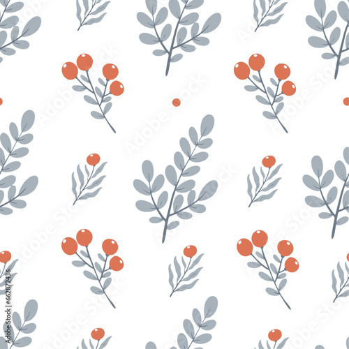 Winter vector pattern with floral leaves and berries on white background. 