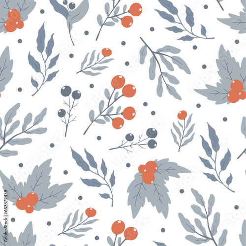 Winter vector pattern with floral leaves and berries on white background. 