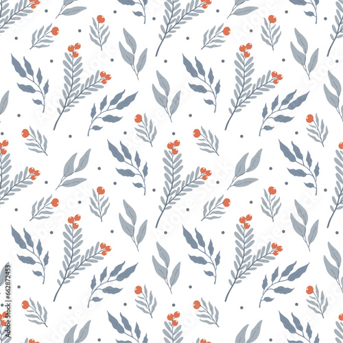 Winter floral pattern with leaves and berries on white background