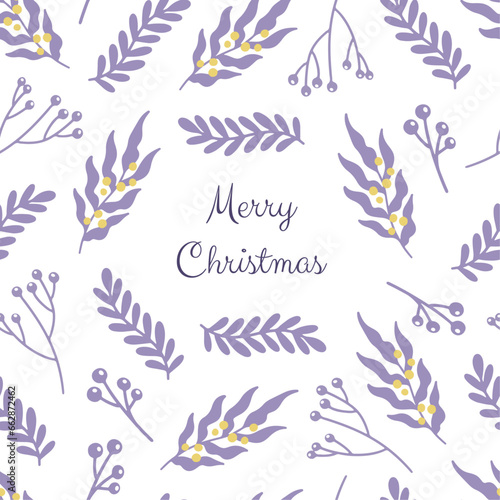 Winter Christmas seamless pattern. Gifts wrapping paper with purple leaves.