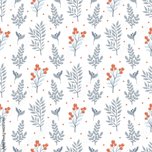 Vector pattern with grey leaves and berries on white background. Hand drawn winter pattern. Cute winter seamless pattern.