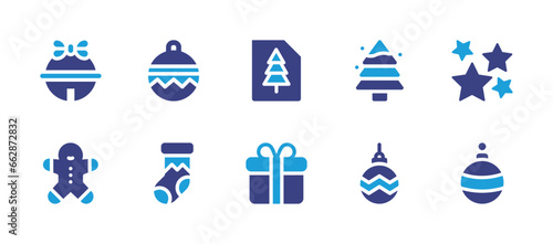 Christmas icon set. Duotone color. Vector illustration. Containing file, bauble, jingle bell, star, gift, christmas sock, gingerbread man, christmas ball, christmas tree, ornament.