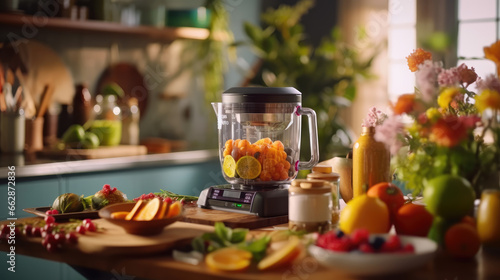 A blender sitting on a well-organized kitchen countertop