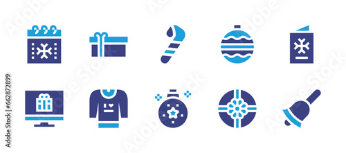 Christmas icon set. Duotone color. Vector illustration. Containing candy cane, gift, card, calendar, christmas, sweater, christmas bell, computer, bauble, boxing day.