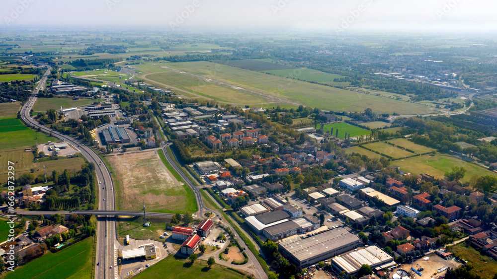 Aerial view of Reggio Emilia airport, Italy. The area is also known as Campo Volo and has hosted major events and concerts.