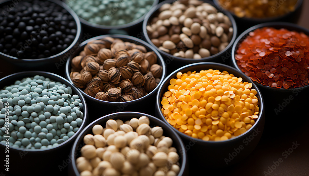 Variety of healthy lentils in a large bowl, nature abundance generated by AI Variety of healthy lentils in a large bowl, nature abundance generated by AI